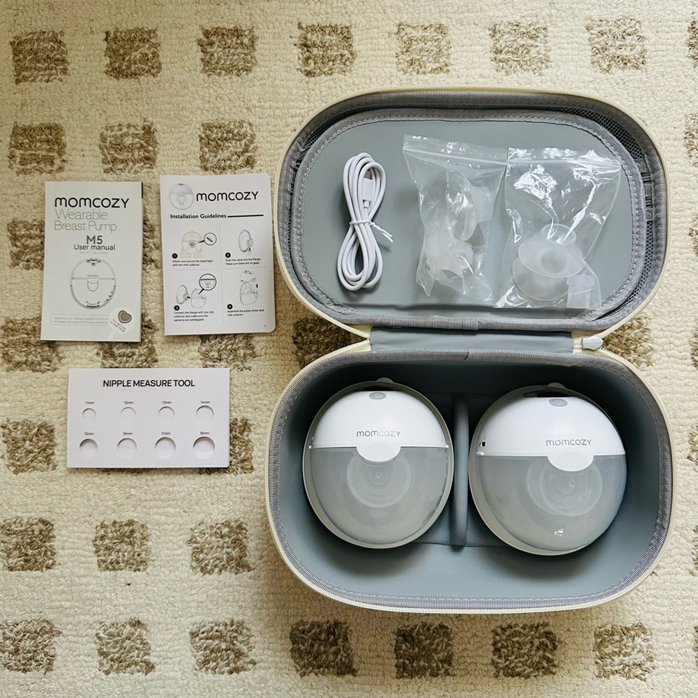 Momcozy M5 wearable pump with carrying case and accessories